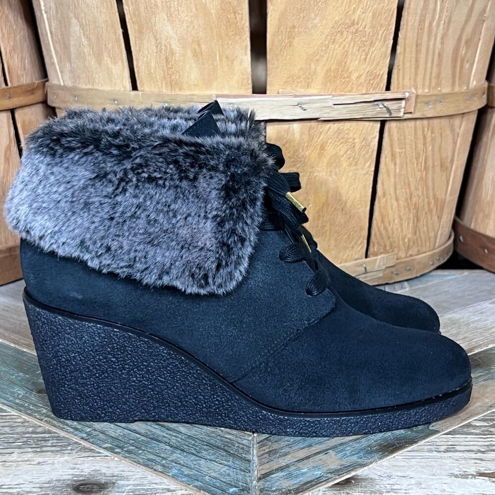 Cole Haan Coralie Wedge Faux Fur Black Suede Waterproof Ankle Boots Women Size 8